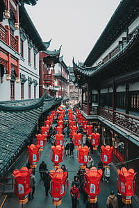 aerial photography of red paper lanterns thumbnail