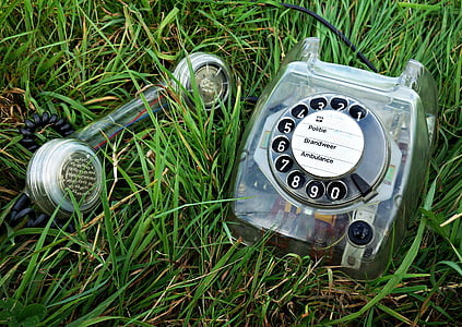 gray rotary dial telephone on grass thumbnail