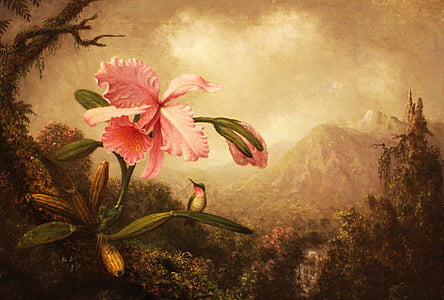 white and black bird on pink flower painting thumbnail