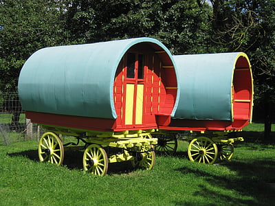 two red-and-blue horse carriages on green sod lawn thumbnail
