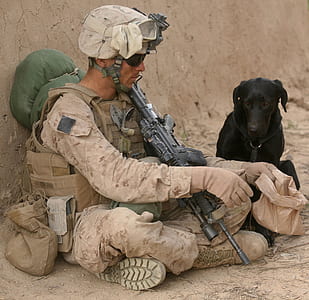 soldier sitting beside black dog thumbnail