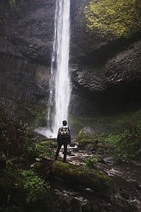 wilderness, waterfall, hiker, water, nature, river thumbnail