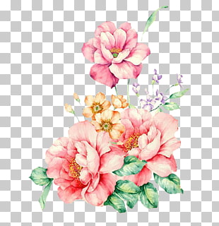 Pink flowers Watercolor painting, Hand-painted decorative pink flower, pink and orange flowers PNG clipart