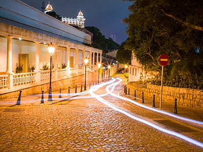 Black Lamp Post On Street During Night Time thumbnail