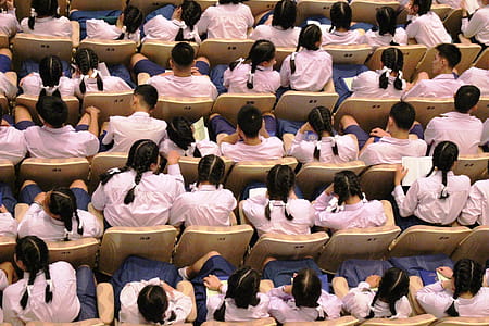 Top view of high school students sitting in a lecture theater - Editorial use thumbnail