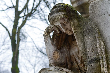 shallow focus photography of female statue near bare tree during daytime thumbnail