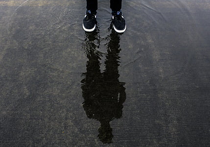 reflection of person on puddle during daytime thumbnail