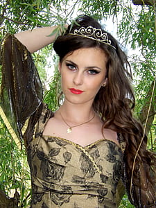 woman wearing brown and black floral dress wearing silver-colored tiara thumbnail