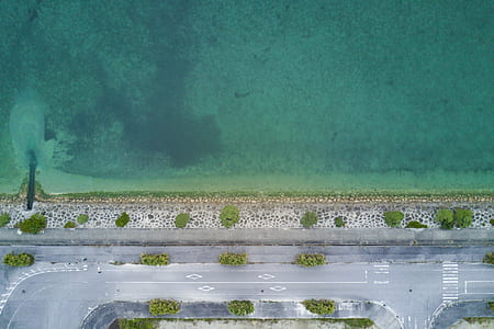 aerial photo of concrete road beside shoreline thumbnail