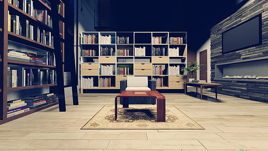 brown wooden coffee table in the middle of home library thumbnail