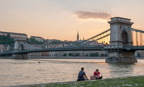 Dusk by the Buda Castle Hill and the Chain Bridge in Budapest, Hungary thumbnail