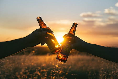 Two men cheers, amber glass bottle thumbnail