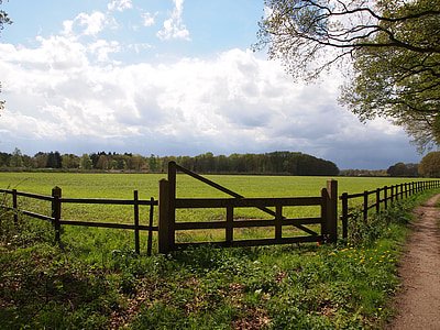 green field surrounded by brown wooden fence under white clouds and blue sky thumbnail