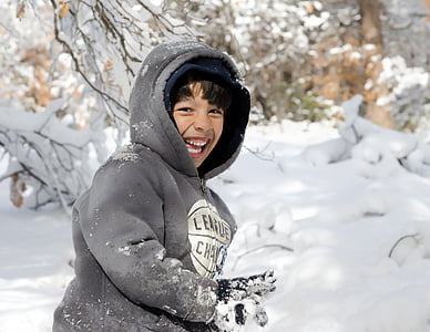 smiling boy wearing gray hooded jacket on snow field thumbnail