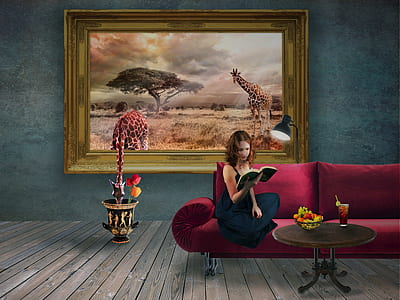 woman reading book on red couch painting thumbnail