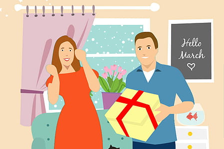 Illustration of man delivering a gilf to his spouse in thier home thumbnail