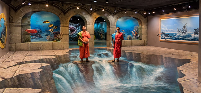 man and woman standing on waterfalls 3D artwork floor thumbnail