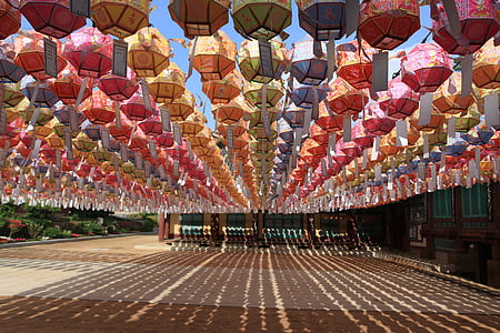 assorted-color Japanese lantern hung on street during daty thumbnail