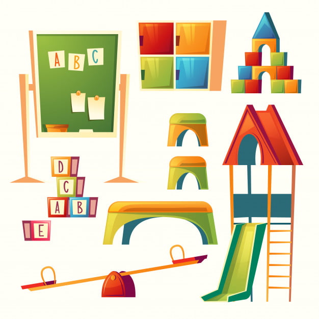 Set Of Cartoon Kindergarten Children Playground Preschool