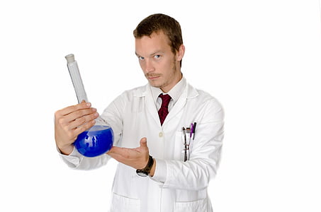 man wearing laboratory robe while holding clear glass container thumbnail
