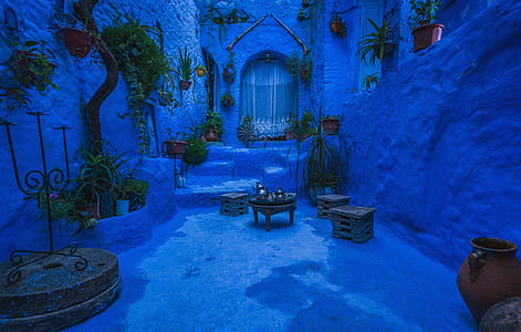 black table with three grey stools inside blue stone interior house with potted plants photography thumbnail