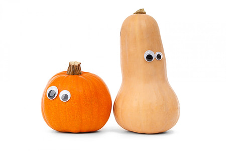 two pumpkin and gourde with artificial eyes thumbnail