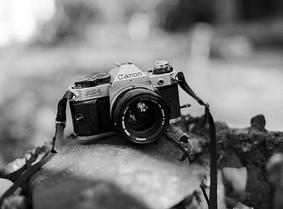 black and silver Canon DSLR camera thumbnail