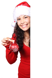 woman wearing santa claus costume holding red christmas bauble thumbnail