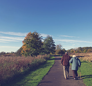man and woman walking on grey concrete road surrounded by pants during daytime thumbnail