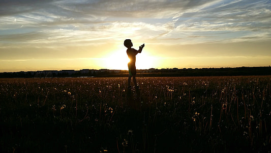 silhouette photo of person standing on grass field thumbnail