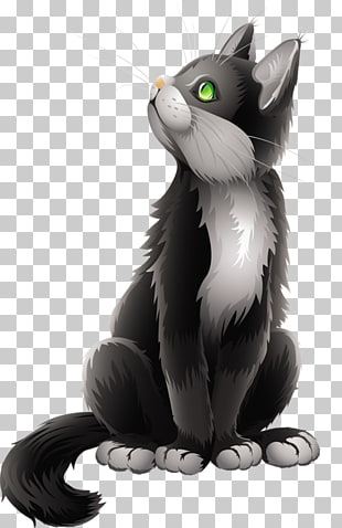Black cat Kitten Cartoon , Cartoon Black Cat , black and gray cat looking up illustration PNG clipart