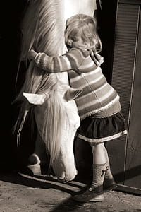 grayscale photo of girl hugging white horse thumbnail