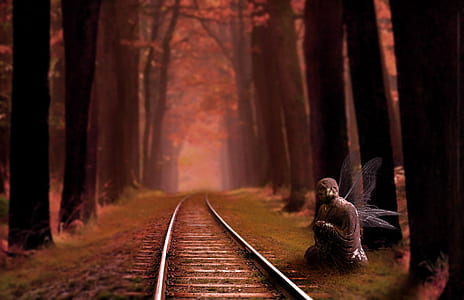 fairy beside train rail surrounded of tall trees painting thumbnail
