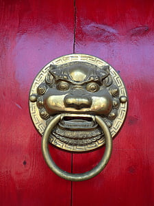 gold lion door knocker on red wooden door thumbnail