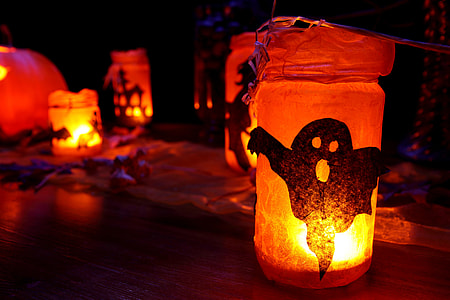lighted orange jar lanterns Halloween decors thumbnail