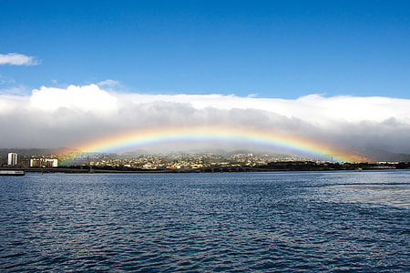 panoramic photography of rainbow near ocean thumbnail