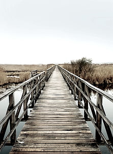 close up of brown wooden bridge under white sky thumbnail