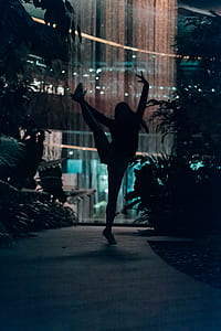 silhouette of woman doing a vertical split in between green plants on walkway thumbnail