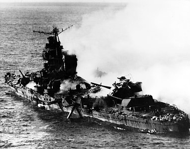 Mikuma shortly before sinking during Battle of Midway, World War II thumbnail