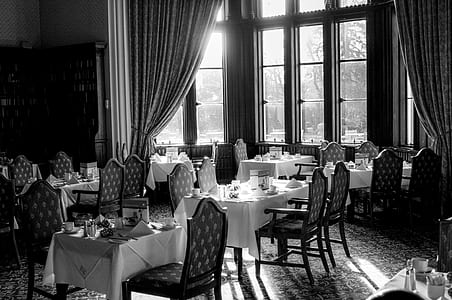 grayscale photography of dining room thumbnail