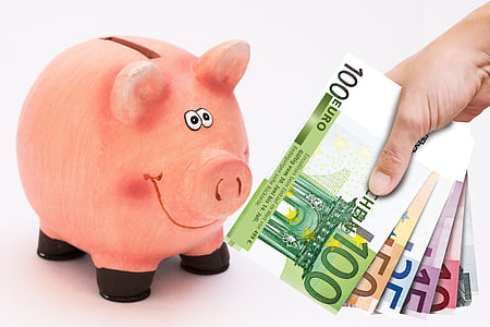 person holding fan of euro banknotes and pig coin bank thumbnail
