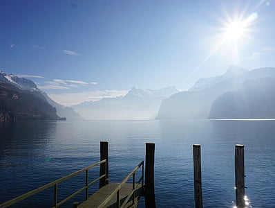 bridge on body of water near mountains thumbnail