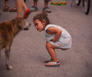 girl in blue sleeveless dress beside brown dog thumbnail