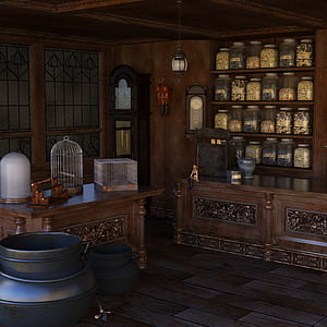 black milk churn near brown wooden table and storage cabinet thumbnail