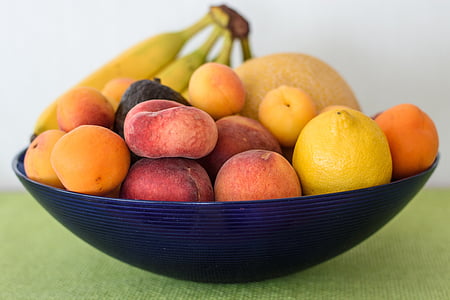 variety of fruits in blue ceramic bowl thumbnail