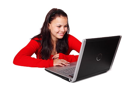 woman in red long-sleeved shirt using laptop computer thumbnail