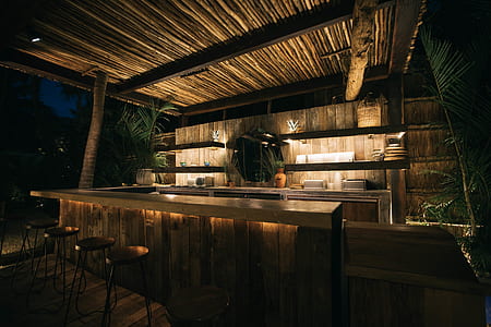 vacant brown wooden bar desk and chair thumbnail
