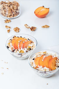 breakfast, peach, nectarine, fruit, muesli, walnuts thumbnail