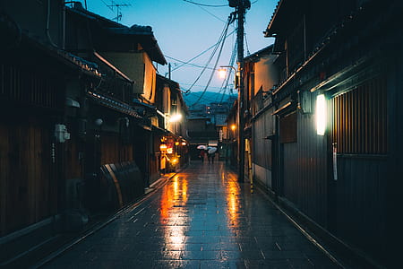photography of wet pathway with houses at both sides thumbnail