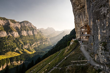 brown wooden house beside mountain thumbnail